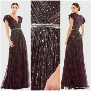 Mac Duggal Womens Purple Sequin Wrap Over Ruffle Cap Sleeve Gown Dress 5502